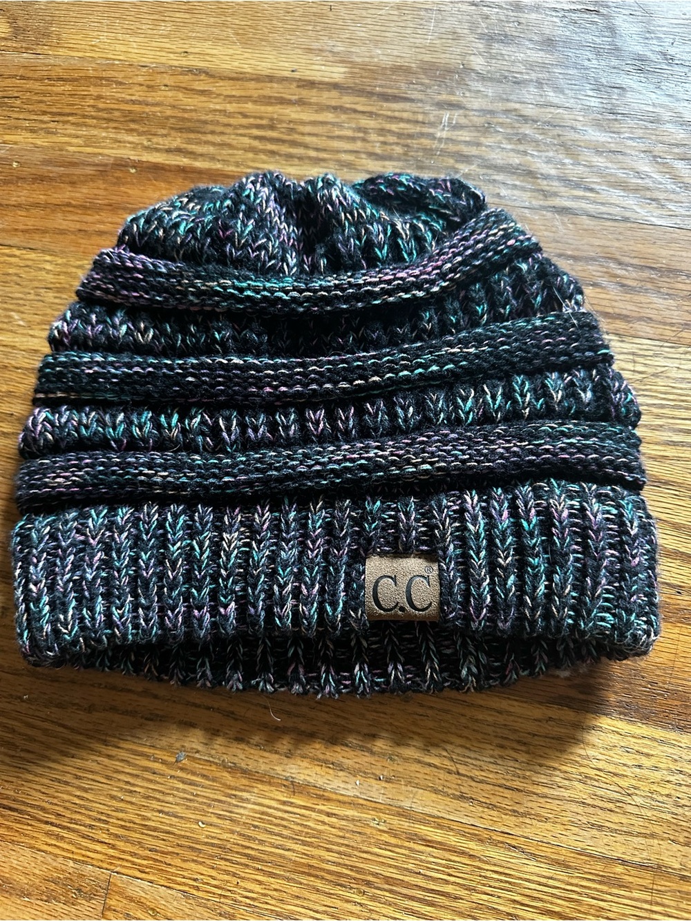 C.C Black Knit Beanie with Teal and Purple Thread Accents